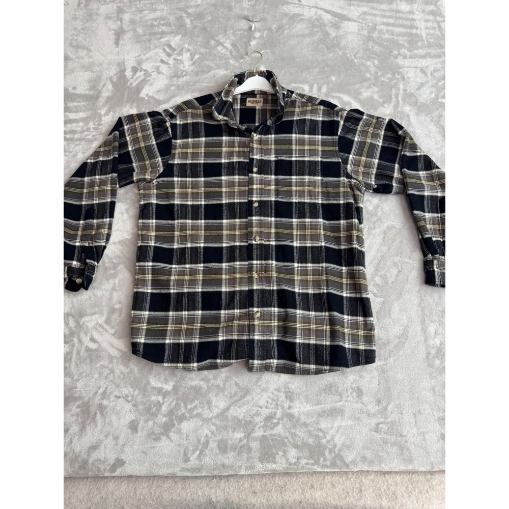 Redhead Mens Plaid Flannel Button Down Shirt Large Black Olive Green Cotton 1269
